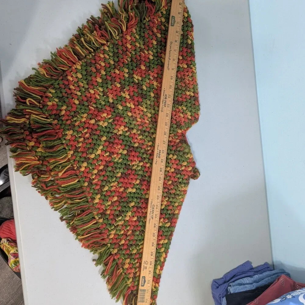 Vintage Crochet Granny Poncho Multicolor Fringe Boho Handmade Cape Wrap